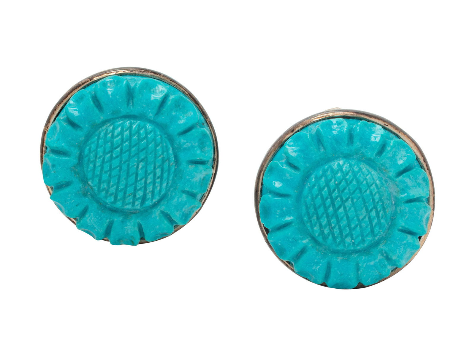 A Pair of Sterling Silver and Turquoise Flower Motif: A Pair of Sterling Silver and Turquoise Flower Motif Earclips, Stephen Dweck, containing two carved turquoise measuring approximately 23.30 mm in diameter. Stamp: 2002 Stephen Dweck One of a Kind STER