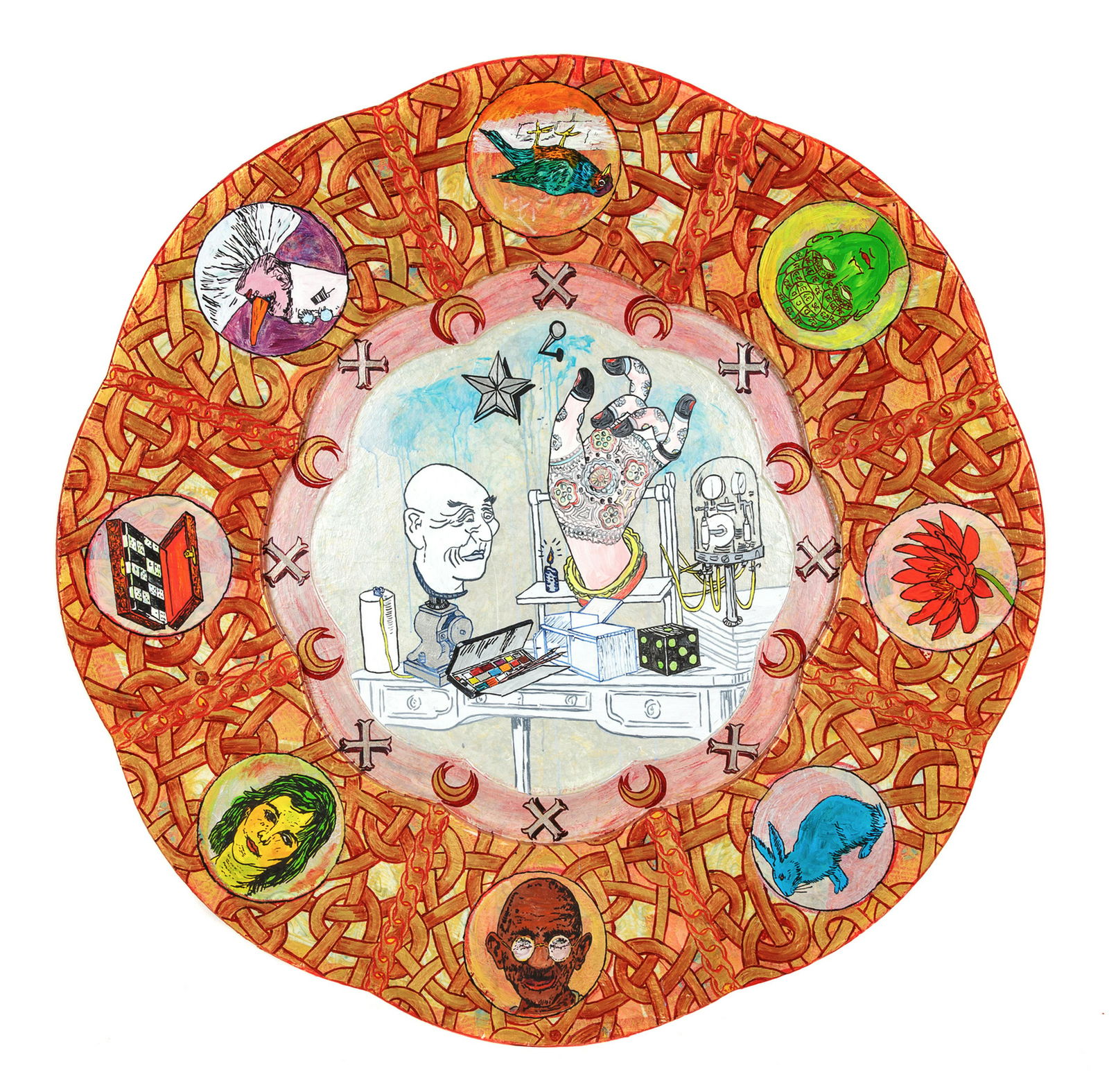 Jane Hammond (American, b. 1950): Jane Hammond (American, b. 1950) The Bread and Butter Machine, 2000 oil and mixed media on panel signed, titled and dated (verso) Diameter: 78 3/4 inches.