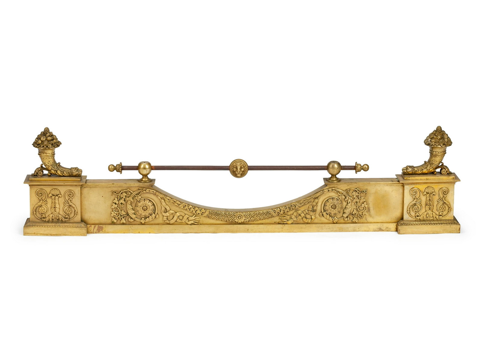 A Pair of Empire Gilt Bronze Chenets and a Fireplace: A Pair of Empire Gilt Bronze Chenets and a Fireplace Fender 19th Century Width of fender 47 inches.