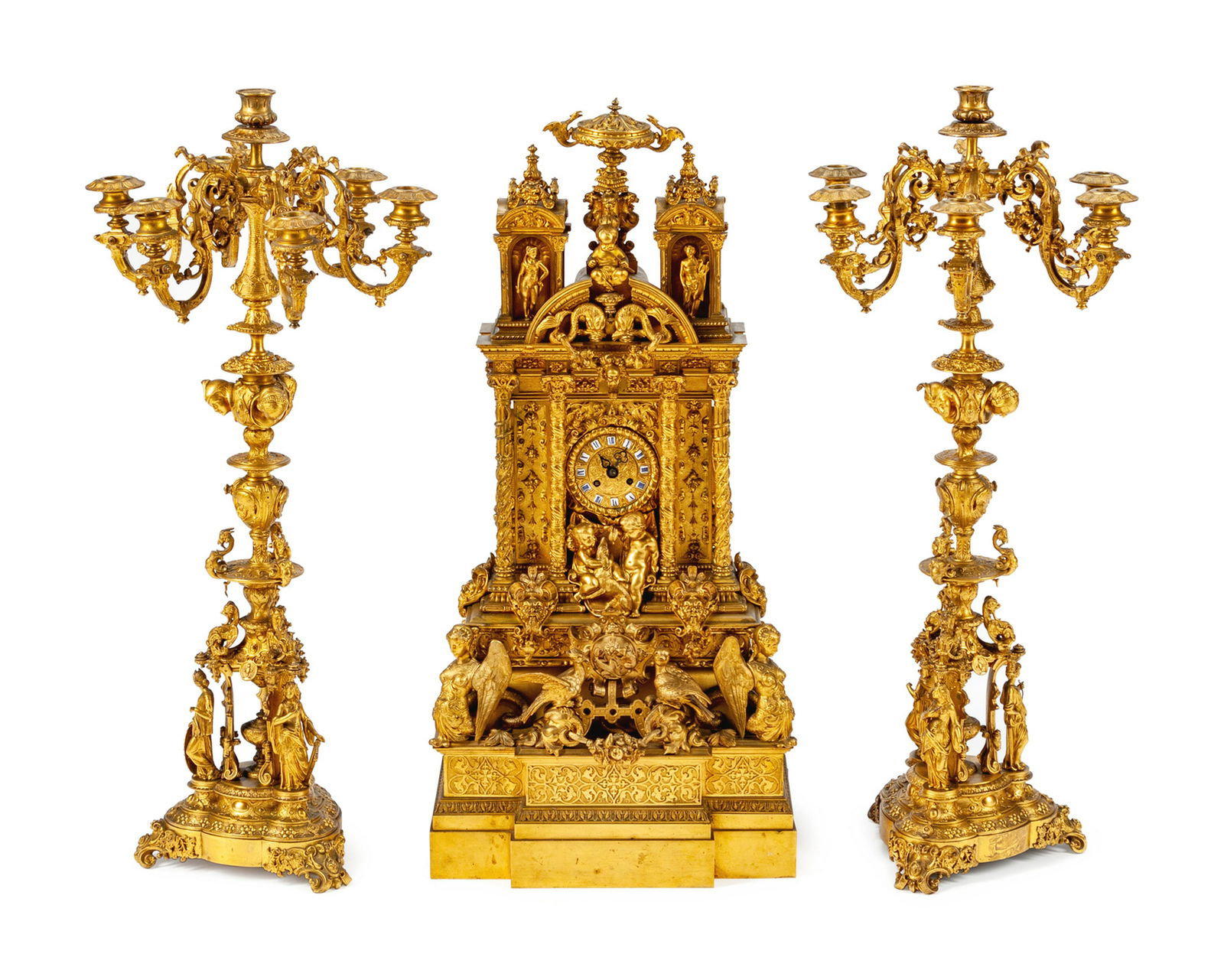 A French Gothic Revival Gilt Bronze Three-Piece Clock (1 of 1)