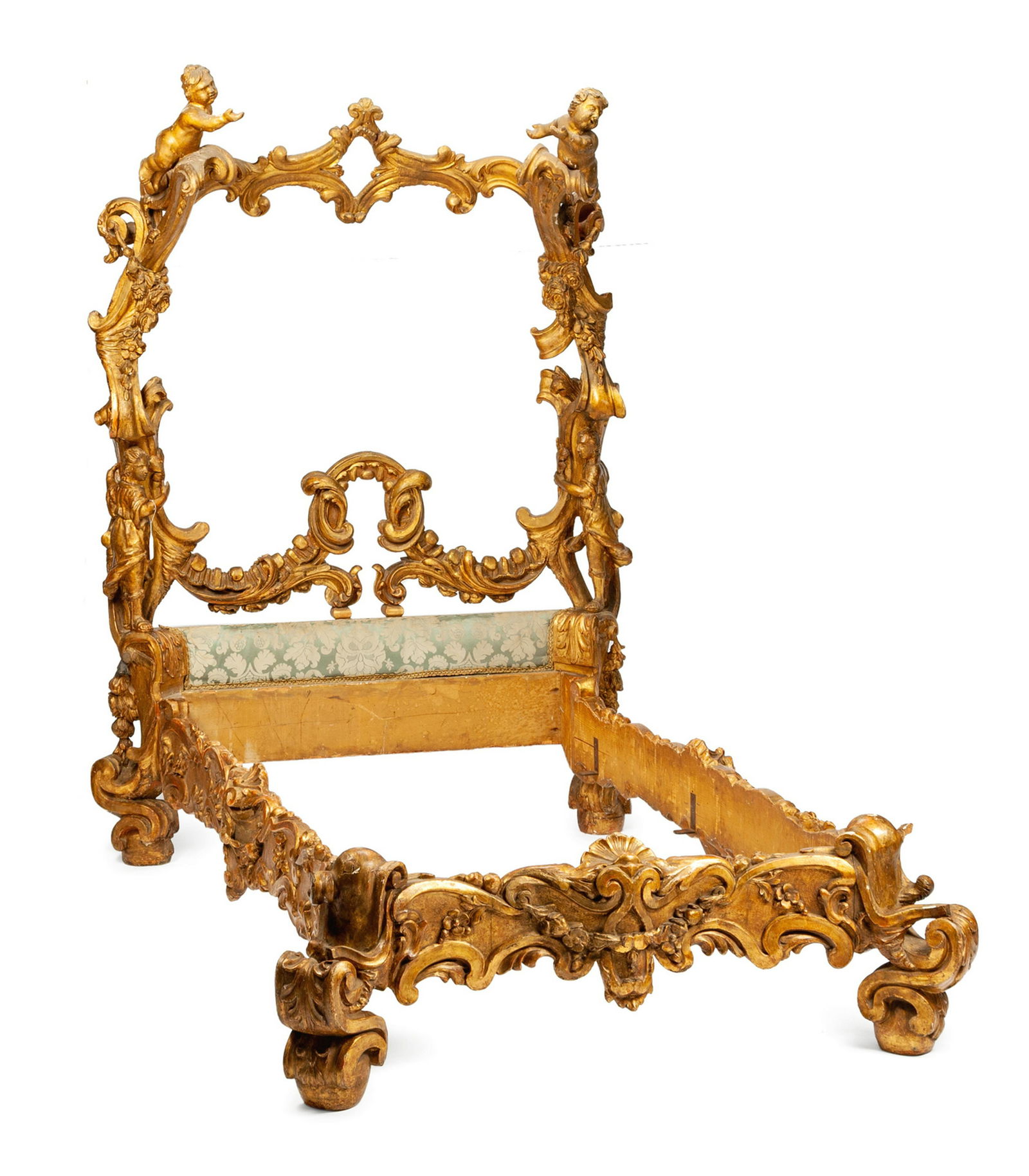 A Venetian Carved and Parcel Gilt Bed Frame: A Venetian Carved and Parcel Gilt Bed Frame Height 84 x width 58 x depth 92 inches.