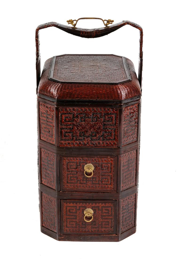 A Chinese Three-Part Lacquered Bamboo Picnic Basket (1 of 2)