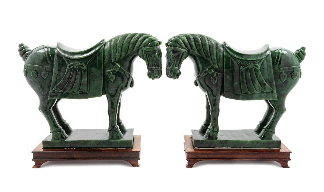A Pair of Chinese Spinach Jade Models of Horses (1 of 2)