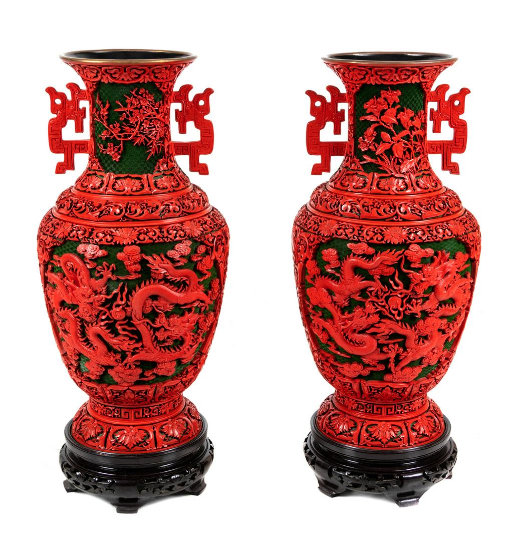 A Pair of Large Chinese Carved Red Lacquer Vases and (1 of 1)