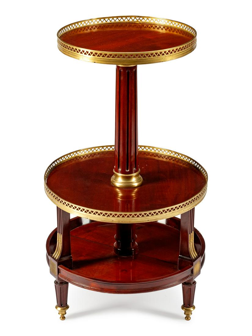 A Louis XVI Style Gilt-Bronze-Mounted Mahogany: A Louis XVI Style Gilt-Bronze-Mounted Mahogany Three-Tier Dessert Table Circa 1900 Height 35 1/2 x diameter 20 inches.