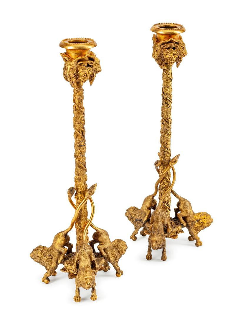 A Pair of English Gilt-Bronze Lion -Form Candlesticks (1 of 1)