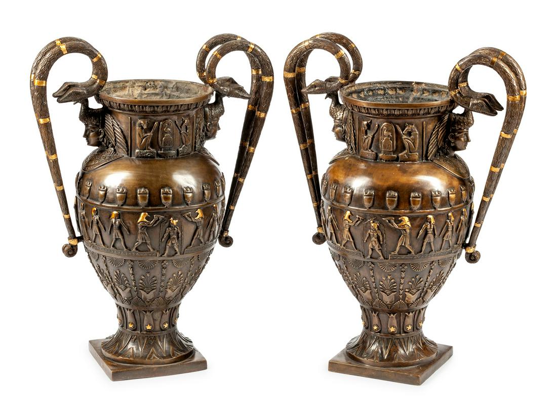 A Pair of Neo-Egyptian Style Patinated Bronze Urns (1 of 1)