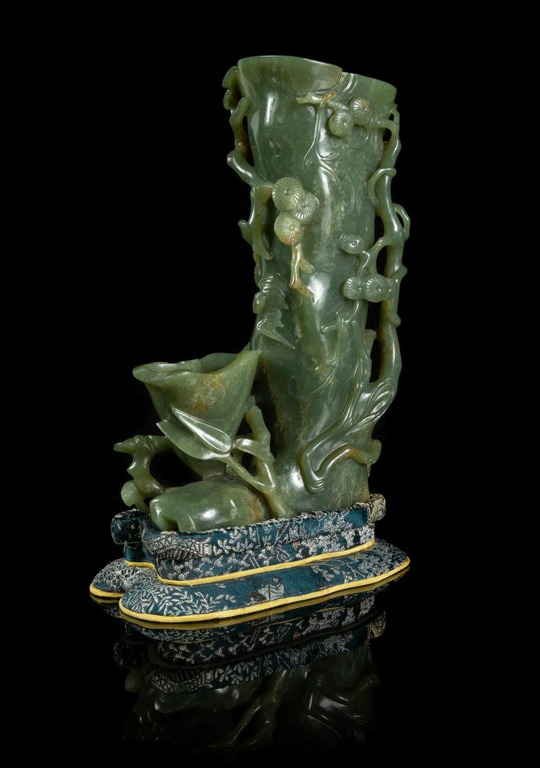 A Russet and Green Jade Flower Vase Height 6 1/2 in., (1 of 2)