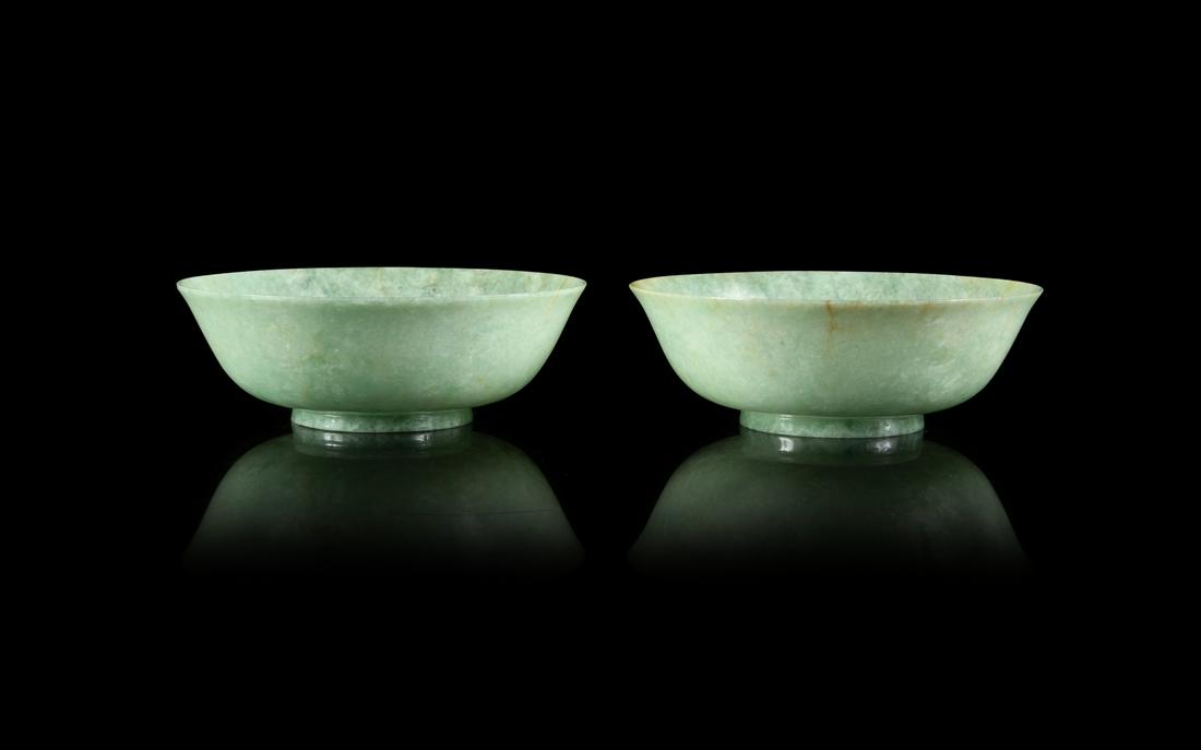 A Pair of Mottled Apple Green Jadeite Bowls Each: (1 of 1)