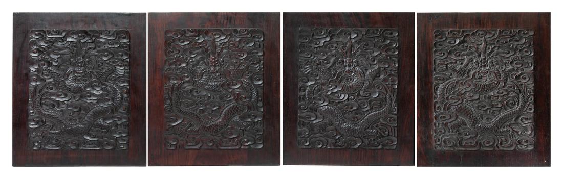 A Set of Four Chinese Zitan Wood 'Dragon' Panels Each: (1 of 2)