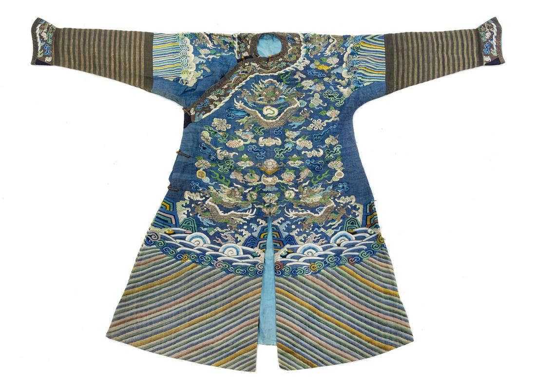 A Blue Ground Kesi Silk Dragon Robe Collar to hem: 53 (1 of 1)