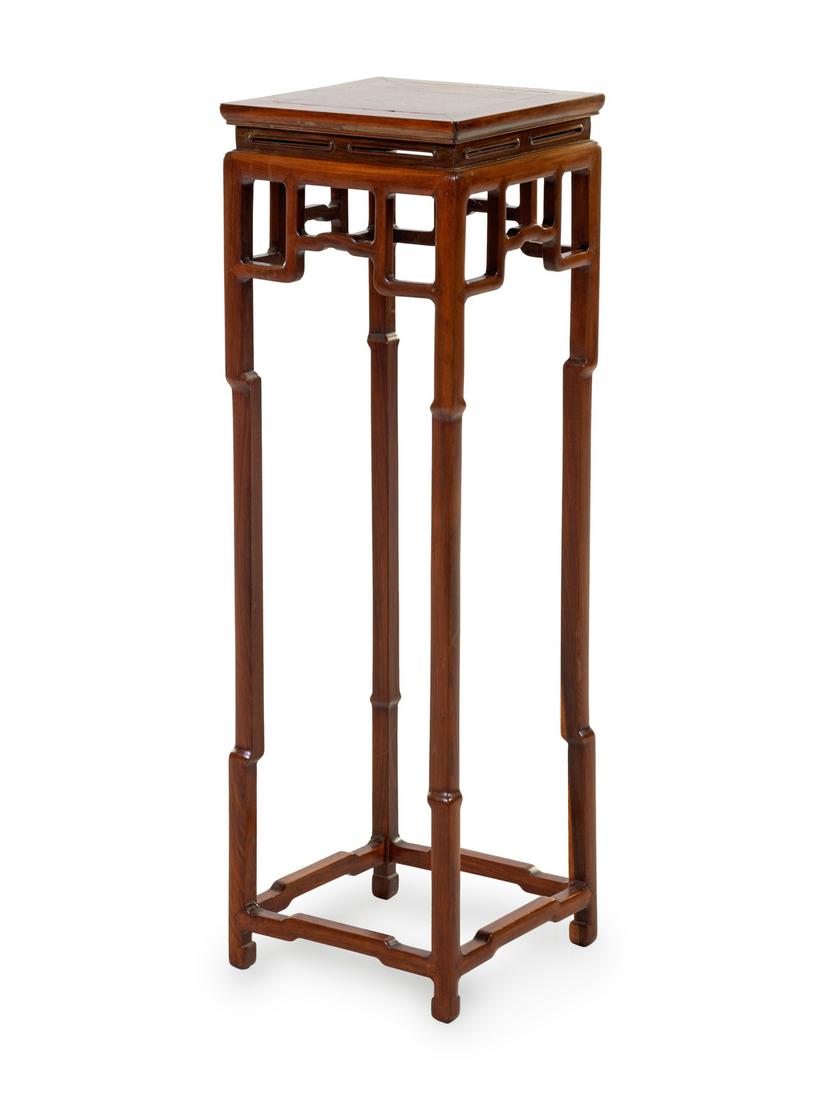 A Rosewood Square Side Stand Height 39 3/4 x length 12: A Rosewood Square Side Stand LATE 19TH/EARLY 20TH CENTURY with square top, high straight waist, and shaped aprons, raised on round section legs joint by base stretchers and terminating in hoof feet. H