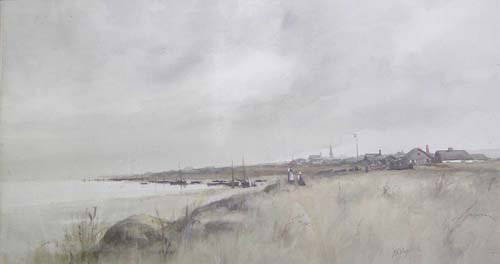 FRANK F. ENGLISH (American 1854-1922) V: FRANK F. ENGLISH (American 1854-1922) VILLAGE SCENE WITH MOTHER AND DAUGHTER BY THE SHORE signed, watercolor 16 3/8 x 30 in.