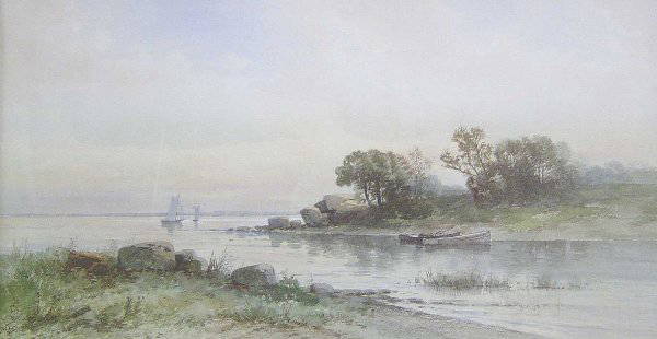 CARL WEBER (American 1850-1921) ALONG T: CARL WEBER (American 1850-1921) ALONG THE RIVER'S EDGE signed, watercolor 12 5/8 x 24 in.