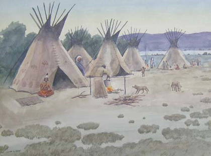 LEONARD HOWARD REEDY (American 1899-195: LEONARD HOWARD REEDY (American 1899-1956) INDIAN ENCAMPMENT signed "Leonard H. Reedy," bottom left, watercolor on paper 14 5/8 x 19 1/2 in.