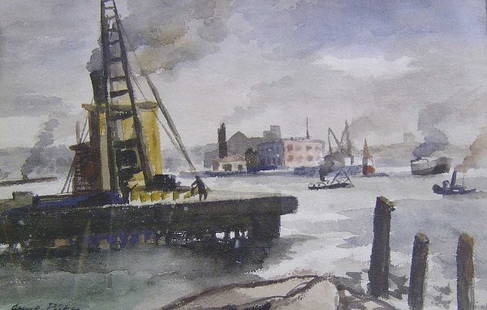 GEORGE ALEXANDER PICKEN (American 1898-: GEORGE ALEXANDER PICKEN (American 1898-1971) NEW YORK HARBOR signed and dated "1955," watercolor on paper 12 1/8 x 18 1/2 in.