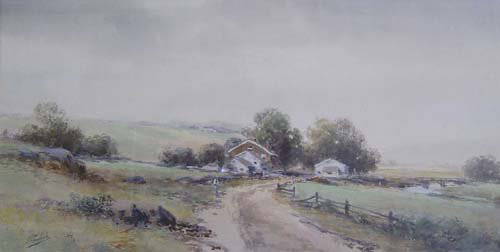 FRANK F. ENGLISH (American 1854-1922) S: FRANK F. ENGLISH (American 1854-1922) SHOWER CREEK signed, watercolor and gouache on paper laid on paperboard 11 1/8 x 21 5/8 in.