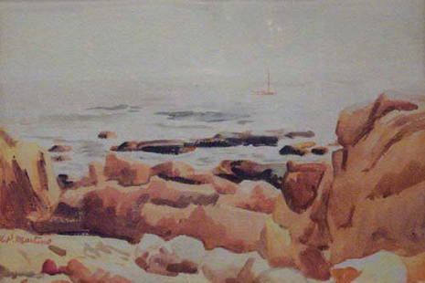 ANTONIO PIETRO MARTINO (American 1902-1: ANTONIO PIETRO MARTINO (American 1902-1989) ROCKY SHORE WITH DISTANT BOAT signed, inscribed verso, watercolor on paper 15 3/4 x 22 5/8 in.