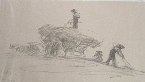WILLIAM MORRIS HUNT (American 1824-1879: WILLIAM MORRIS HUNT (American 1824-1879) HAYMAKERS signed with monogram bottom left, charcoal on paper 7 x 12 in.