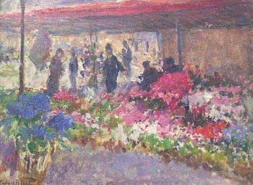 GEORGES JULES ERNEST BINET (French 1865: GEORGES JULES ERNEST BINET (French 1865-1949) FLOWER MARKET signed, oil on panel 10 1/4 x 13 3/4 in.