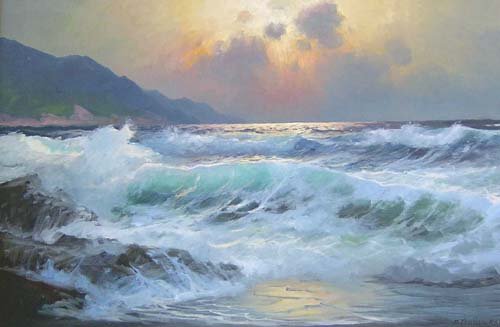 ALEXANDER DZIGURSKI (Yugoslavian / Amer: ALEXANDER DZIGURSKI (Yugoslavian / American 1911-1995) SURF AT DUSK signed, oil on canvas 24 x 36 in.