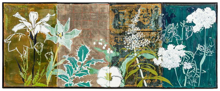 White Flower Byobu, Robert Kushner: White Flower Byobu, Robert Kushner(American, b. 1949)2002-03oil, acrylic, glitter and copper leaf on Japanese screensigned Robert Kushner, titled and dated (lower left)17 x 43 1/2 inches.Provenance:DC