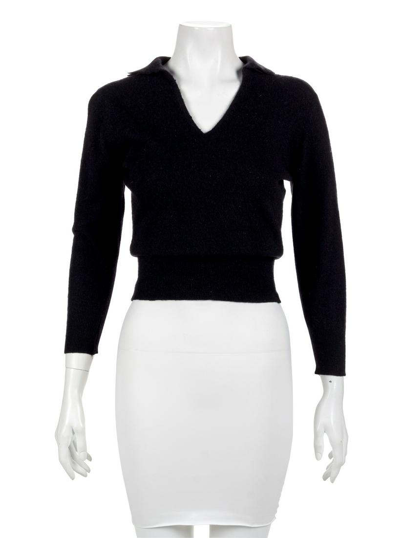 Two Dalton Cashmere Sweaters, 1960-80s: First: Light green and cream cashmere cardigan with scoop neck, 3/4 sleeves with ribbed cuffs, flower and bow detail on front left side, front mother-of-pearl button closure, and ribbed hem. Label: Da