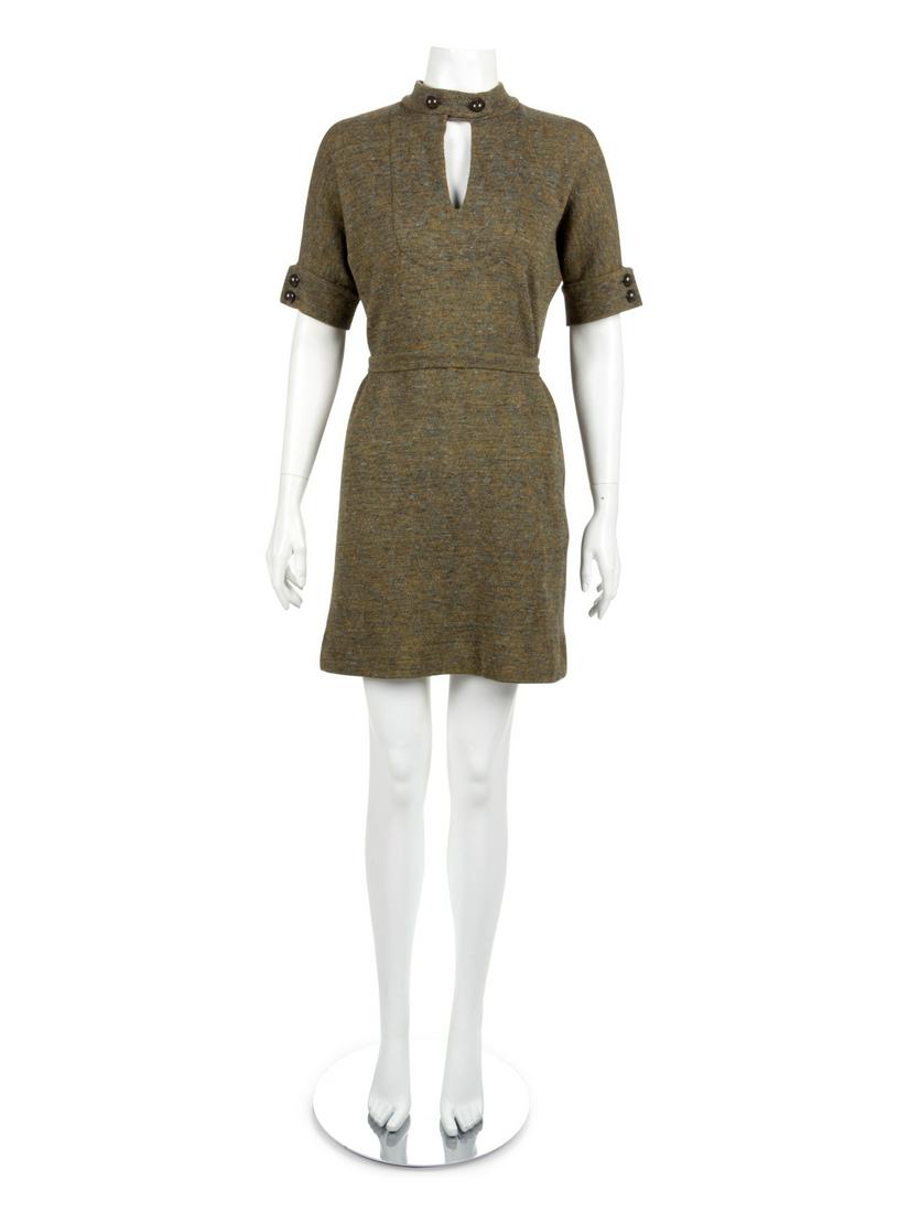 One Pierre Cardin and One Oscar de la Renta Dress,: One Pierre Cardin and One Oscar de la Renta Dress, 1960s Pierre Cardin dress of green, yellow and blue knit with a stand collar, center front neckline opening, short sleeves cut in one with the body o
