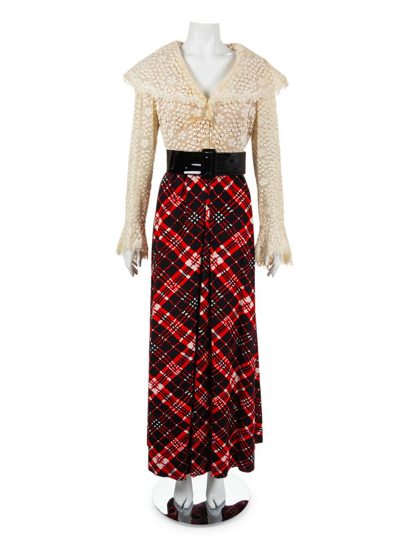Geoffrey Beene Dress, 1960-70s: Geoffrey Beene Dress, 1960-70s Dress with lace bodice, wide collar and flared sleeves. The long skirt is pleated into the wiastline, which is finished with a separate black patent belt with large buck