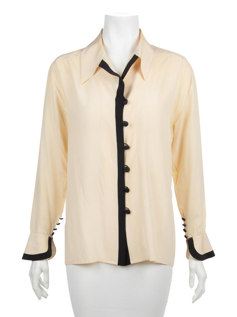 Three Blouses by Comme des Garsons, Valentino, and Karl: Three Blouses by Comme des Garsons, Valentino, and Karl Lagerfeld, 1980s-1990s The first; Comme des Garsons off-white silk blouse with curved collar, bust pleats, high waist, and front button closure 