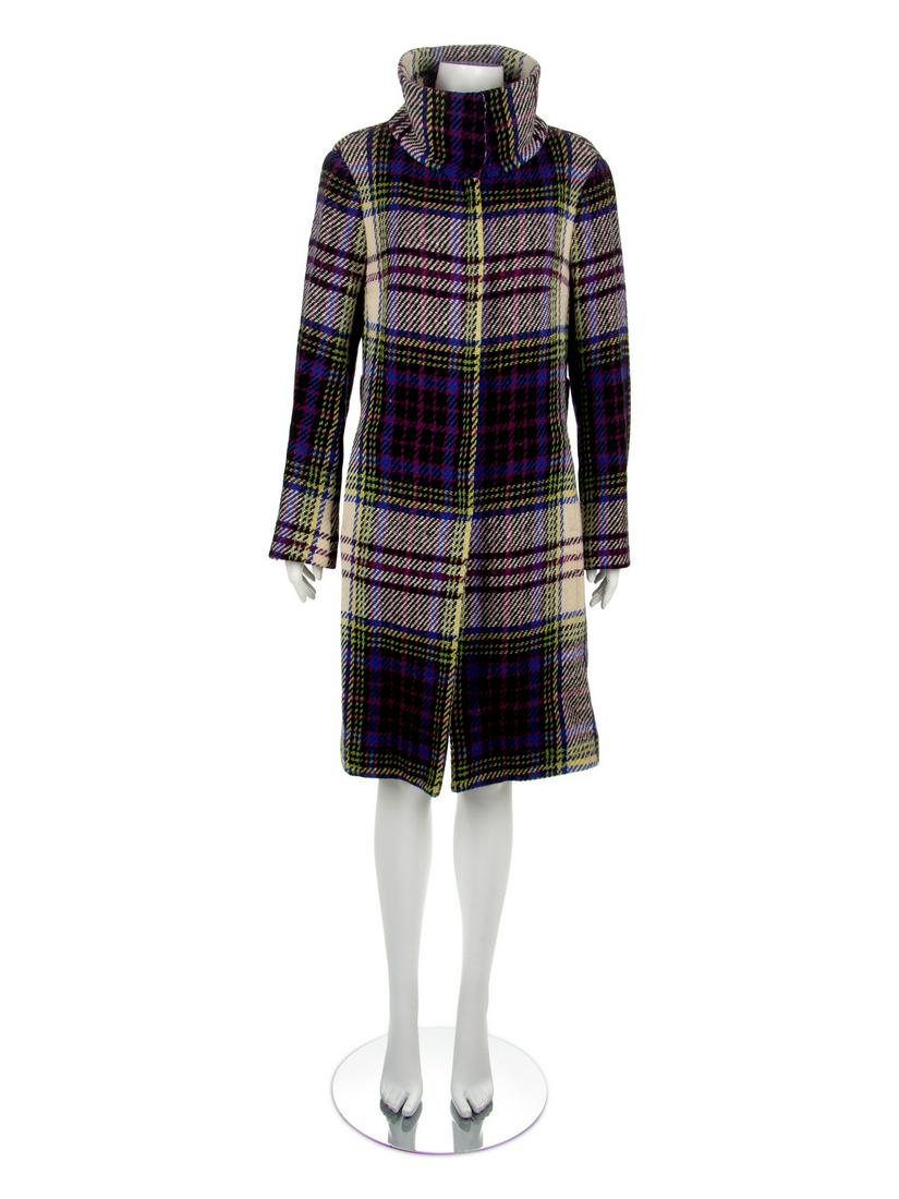 Burberry Coat, 2000s: Burberry Coat, 2000s A wool coat in green, yellow, purple, blue, and off-white plaid, with front snap closure, front welt pockets, and matching tie belt. Together with separate Burberry black leather