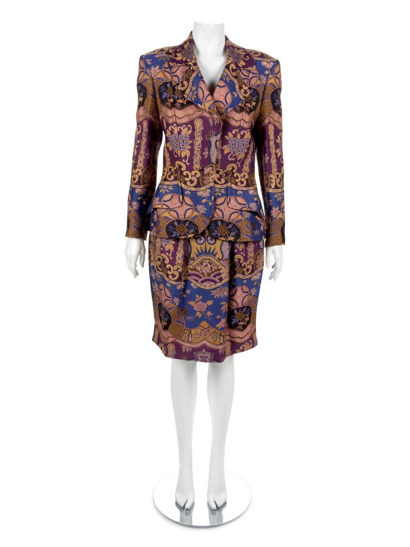 Christian Lacroix Jacket and Skirt, 1980-90s: Christian Lacroix Jacket and Skirt, 1980-90s Jacket and skirt of a multicolored, stylized weave. Jacket has a notched collar, long sleeves and center front button closure. Skirt is pleated into the wa