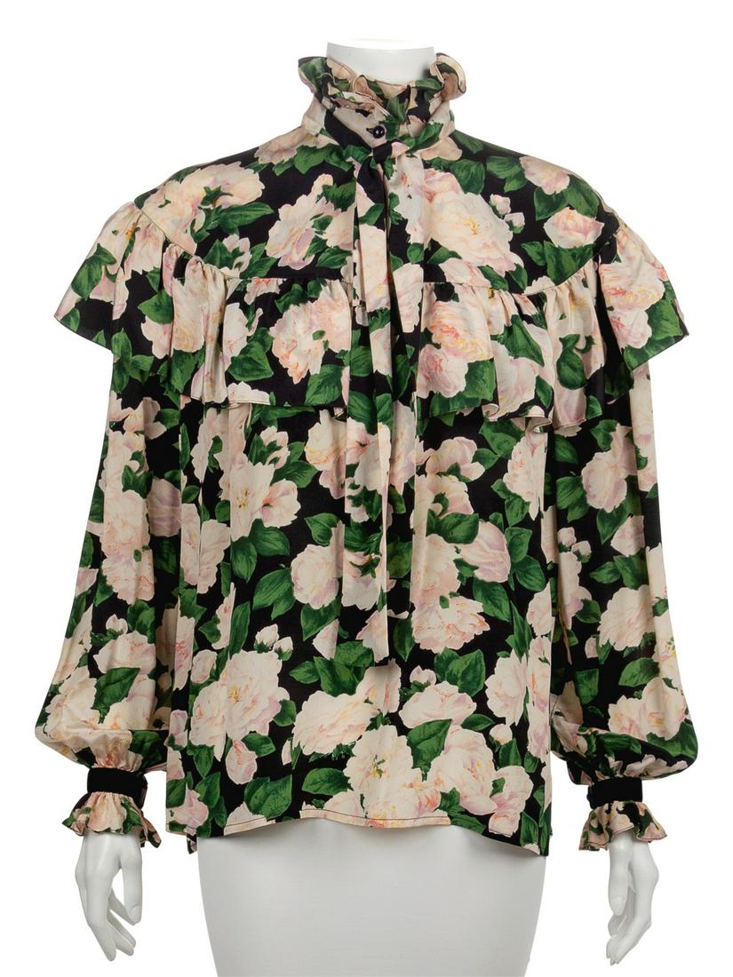 Three Yves Saint Laurent Rive Gauche Blouses, 1970-80s: Three Yves Saint Laurent Rive Gauche Blouses, 1970-80s 1) Green and pink floral print with stand collar, ruffled yoke, long sleeves and a center front button closure. The blouse is trimmed with a blac