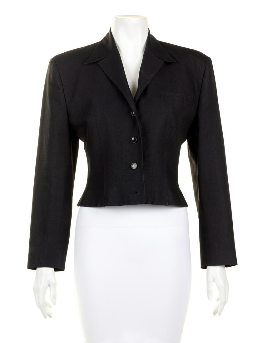 Three Gianni Versace Tops, 1980-90s : Three Gianni Versace Tops, 1980-90s The first is a black jacket with notched lapels, long sleeves and a center front button closure. Label: Versace The second is a red blouse with stand collar,