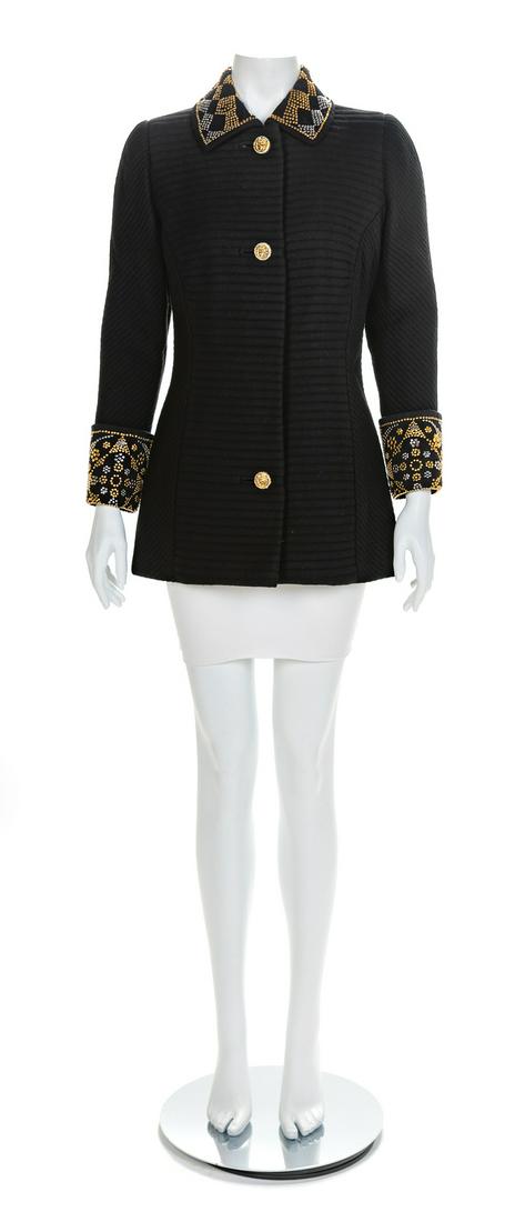 Atelier Versace Couture Coat with Studded Collar and: Atelier Versace Couture Coat with Studded Collar and Cuffs, A/W 1991 A black wool coat woven with horizontal bands and cut with long sleeves. The collar and sleeve cuffs are decorated with gold and si