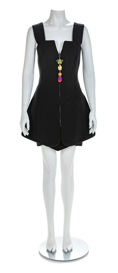 Atelier Versace Couture Top and Skirt, 1990s No size: Atelier Versace Couture Top and Skirt, 1990s Sleeveless black silk bodice with wide shoulder straps, fitted body and center front separating zipper closure with two goldtone and rhinestone crowns and