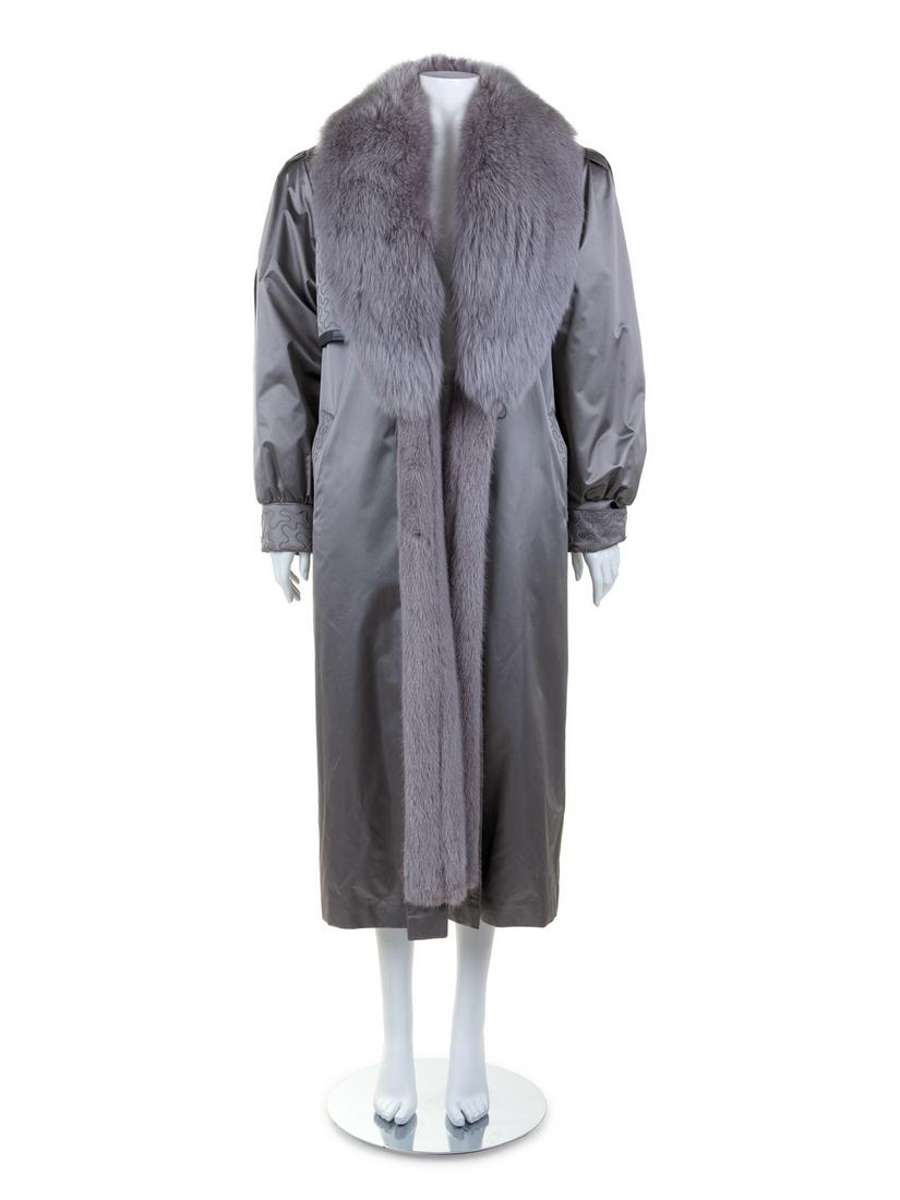 Silver Sateen and Sable and Fox Fur Lined Trench Coat,: Silver Sateen and Sable and Fox Fur Lined Trench Coat, 1990's-2000's Silver polyester sateen puffed trench coat with full sleeves, front pockets, and belt. Sable lining and Fox fur collar are deta