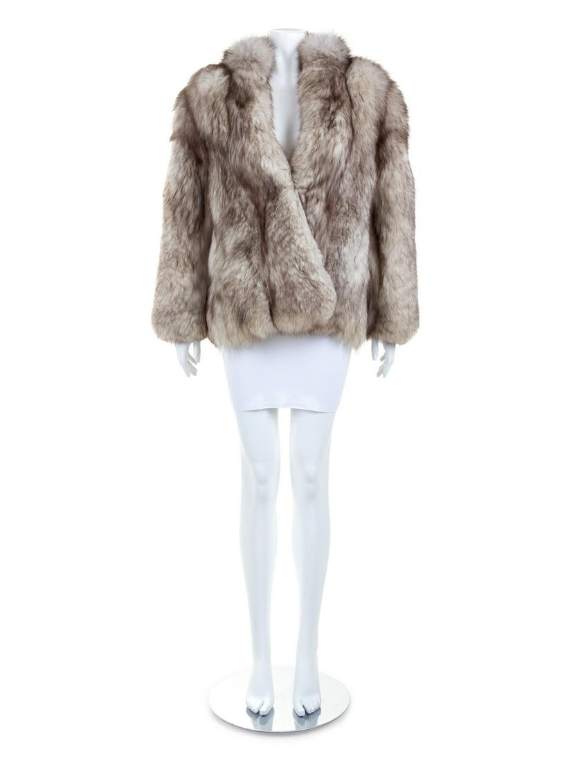 White and Brown Fox Fur Coat, 1980-90s: White and Brown Fox Fur Coat, 1980-90s Brown and white fox fur coat with stand collar, long sleeves and three hook center front closure. Two front hidden pockets. Designer label has been removed. Ap