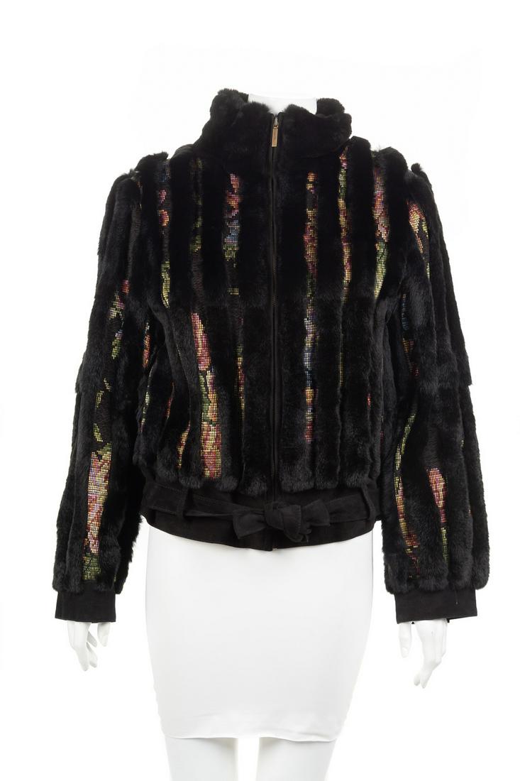 Etro Coat, 1990-2000s: Etro Coat, 1990-2000s Black rabbit fur bomber-style coat with alternating panels of colorful woven abstract floral textile, suede cuffs, waistband and tie belt, hidden front pockets, and front zip clo