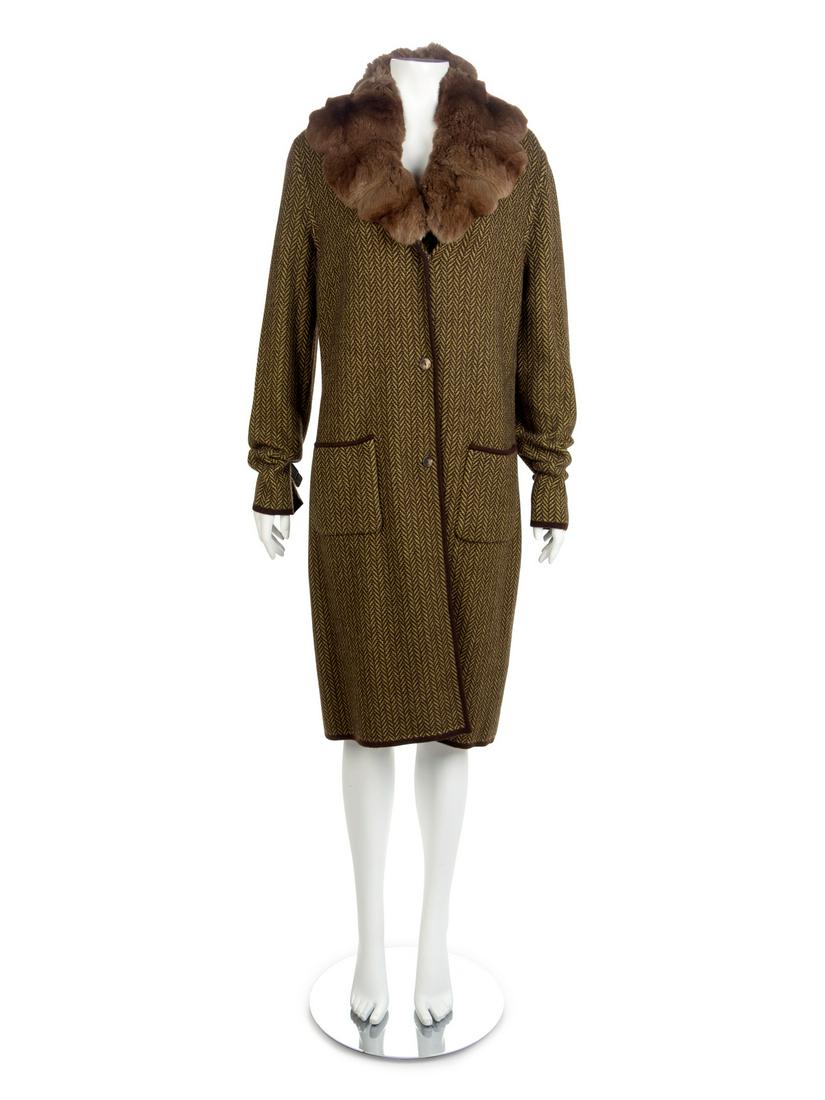 Loro Piana Coat with Detachable Chinchilla Fur Collar,: Loro Piana Coat with Detachable Chinchilla Fur Collar, 2000-10s Wool sweater coat with center front button closure, horn buttons, front patch pockets, and detachable chinchilla collar. With original r