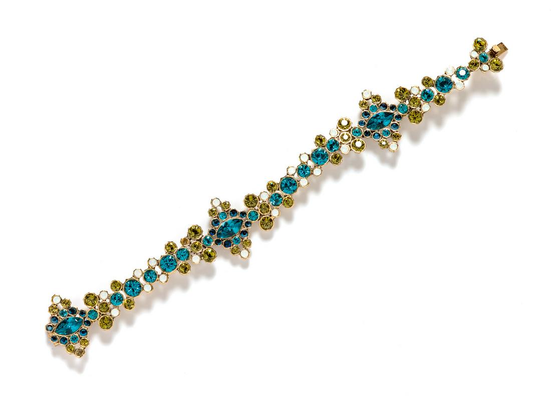 Givenchy Rhinestone Bracelet,: Givenchy Rhinestone Bracelet, gold tone with faceted rhinestones in teal, green, and white. Stamped: Givenchy. Provenance: