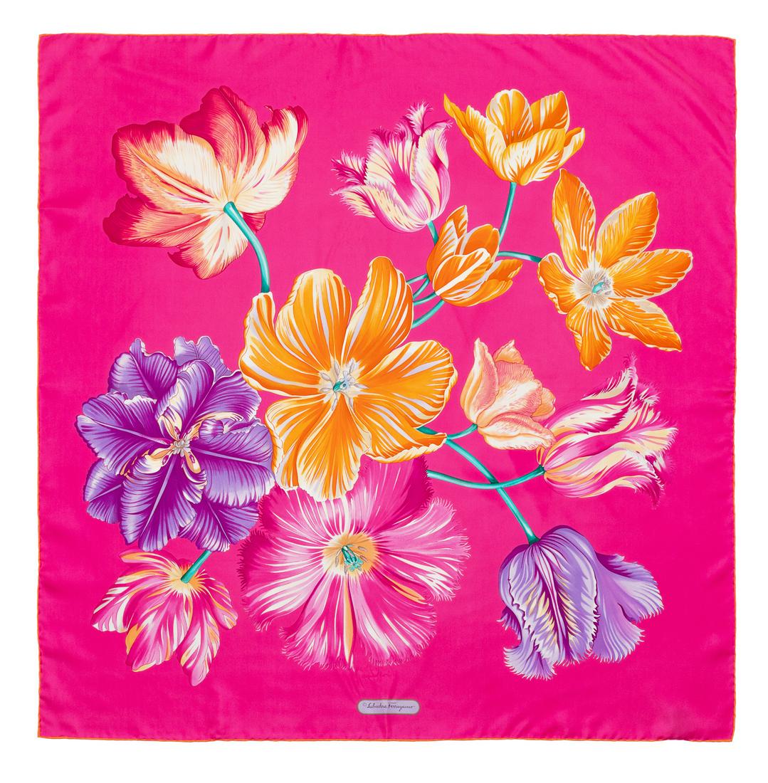 Salvatore Ferragamo Scarf, pink with flowers: Salvatore Ferragamo Scarf, pink with flowers Provenance: