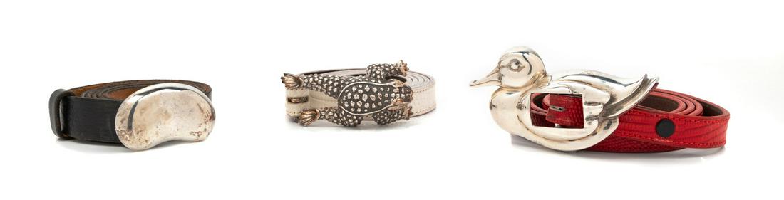Two Barry Kieselstein Silver Belts including One: Two Barry Kieselstein Silver Belts including One Unlabeled Belt, 1980-90s First 1990s: Barry Kieselstein sterling silver frog buckle and white belt. Second, 1981: Barry Kieselstein sterling silver duc