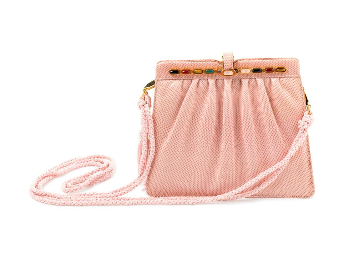 Judith Leiber Pink Bag: Judith Leiber Pink Bag Together with an extra flat leather shoulder strap, coin purse, goldtone mirror and comb. Provenance: