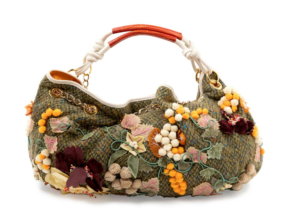 Etro Green Wool Boho Bag, : Etro Green Wool Boho Bag, Wool bag with numerous fabric flowers. Provenance: