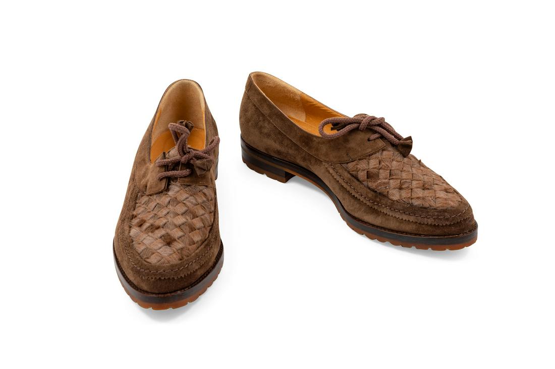 Bottega Veneta Shoes, 1980-90s: Bottega Veneta Shoes, 1980-90sTaupe suede shoes with woven calf hair on toe and lacings. Stamped: Bottega Veneta / Made in ItalySize Stamp: 6.5