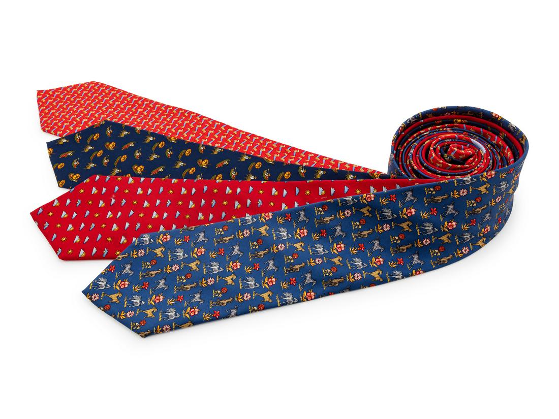 Four Salvatore Ferragamo Silk Ties,: Four Salvatore Ferragamo Silk Ties, the first; navy with boat and figure motif, the second; red with dachshund motif, the third; red with cloud and sun motif, the fourth; blue with flower and horse mo