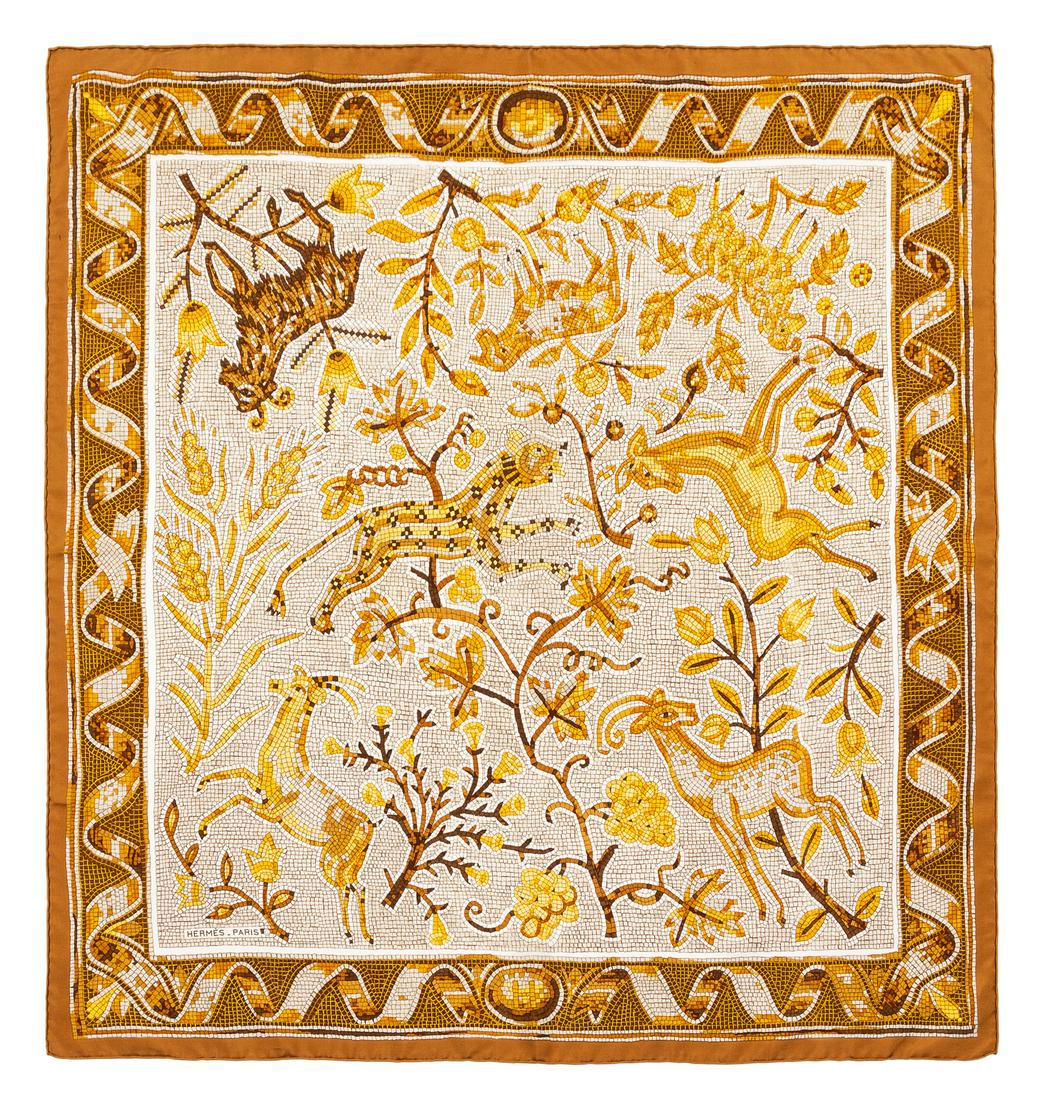 Hermes scarf, tile print with deer print : Hermès 90cm Silk Scarf 36" x 36" "Pavement" pattern, designed by Maurice Tranchant. Stamped within the pattern: Hermès. Approximate size: 36" x 36". Provenance: