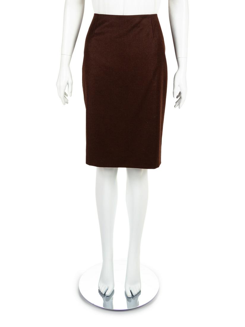 Hermes Skirt, 1980-90s: Hermes Skirt, 1990-2000s Brown wool and cashmere straight skirt with vent at center back hem and center back invisible zipper. Lined with brown silk. Label: Hermes / Paris; Made in France Size Lab