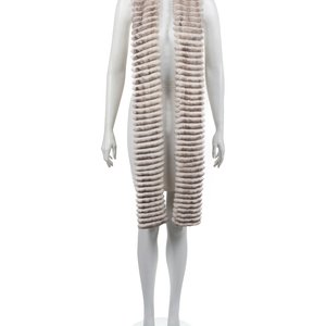 Rabbit Fur Scarf: White with gray tipped rabbit fur scarf with bands of fur attached to a white woven fabric. Approximate Measurements:Length: 88.5\"Width: 5\"